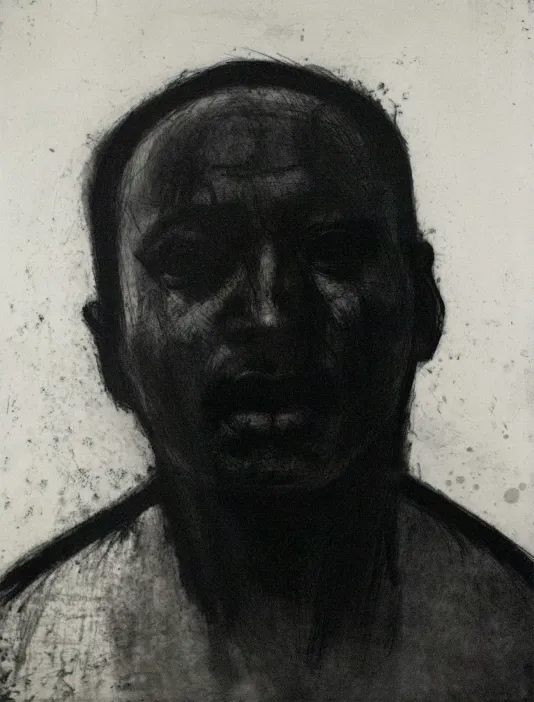 Sketch of a person's head with really dark skin and lots of shadows.