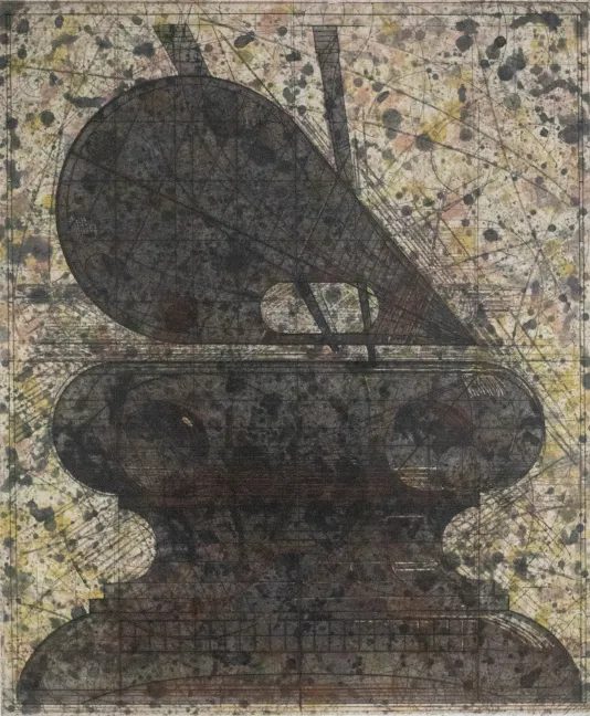 Print of a palette featuring a blotchy texture in the background and lines that form a graph.