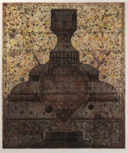 Print of a domed pedestal featuring a blotchy texture in the background and lines that form a graph.