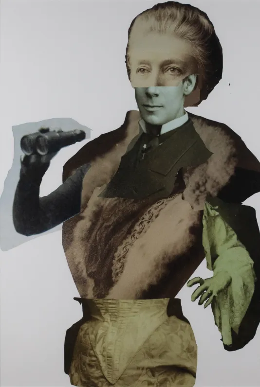 Photo collage of a person standing with binoculars made from stitching together various parts of different people cut outs.