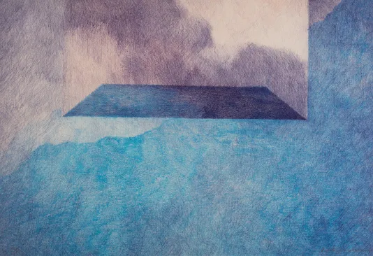 Light blue and purple watercolor with a rectangular plane in the center.