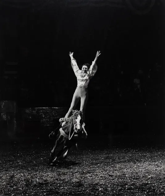 Black and white photograph of a girl standing straight up on a horse with her hands in the air.