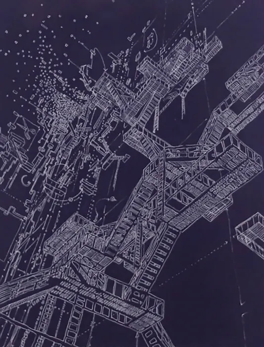 Dark purple lithograph with thin white lines that make up a city with buildings, bridges, and a harbor.