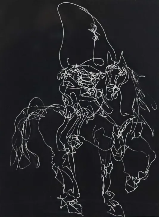 White sketch on a black background of a horse with a nose on top.