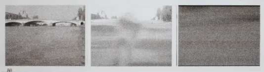 Three photographs next to one another, the first of a bridge and the second two blurry grey planes.