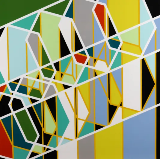 Geometric print of diamond shapes overlapping with one another in green, yellow, blue, and white.