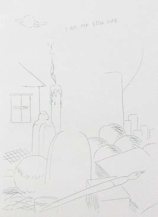 Minimal sketch of objects including a house, a burning candle, balls, a paintbrush and the words &quot;I am still life&quot; at the top.