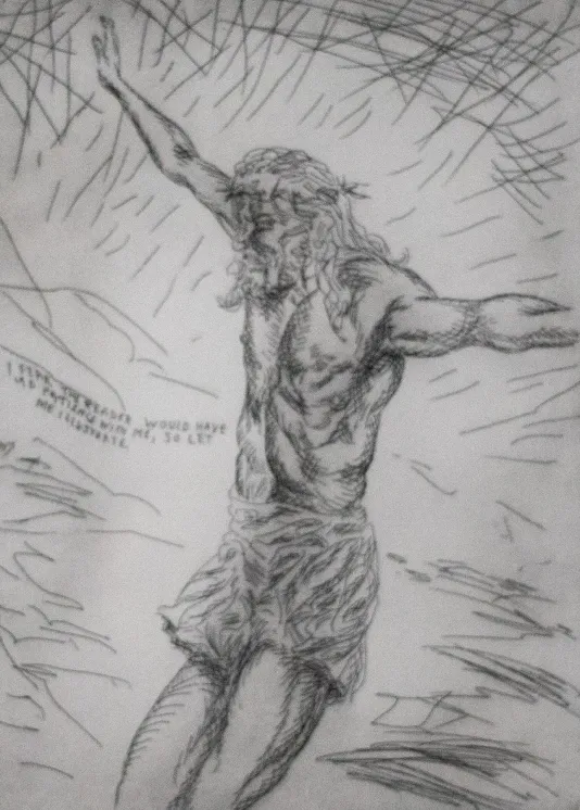 Sketch of Jesus Christ with his hands in the air and scribbles around him going towards to the edge of the frame.