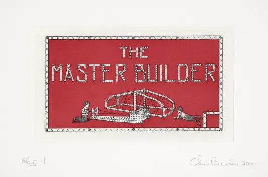 Red sign that reads &quot;The Master Builder&quot; with. a graphic of a model bridge and two people working on it below.