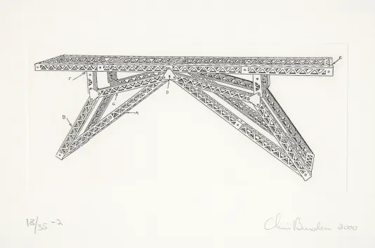 Blue print for a bridge drawn in a thin black outline.