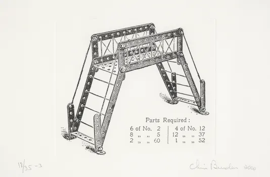 Blue print for a bridge drawn in a thin black outline.