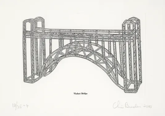 Blue print for an arched bridge drawn in a thin black outline.