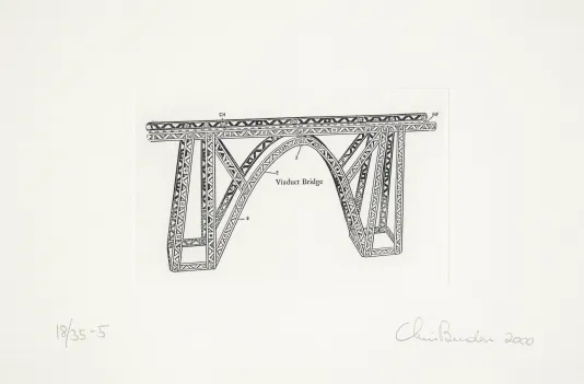 Blue print for an arched bridge drawn in a thin black outline.