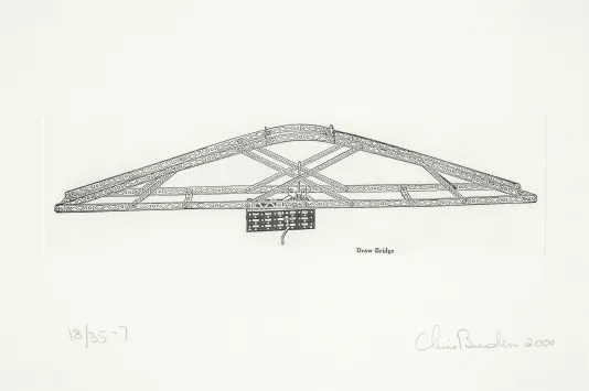 Blue print for a bridge drawn in a thin black outline.