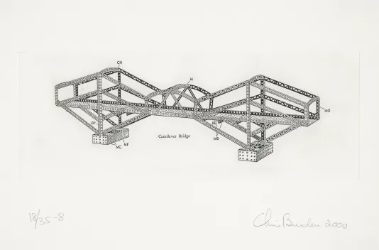 Blue print for a bridge drawn in a thin black outline.