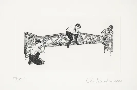 Construction for a bridge drawn in a thin black outline with three people working on it.