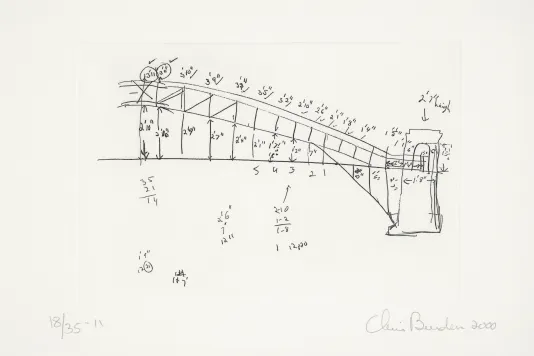 Blue print for an arched bridge drawn in a thin black outline.