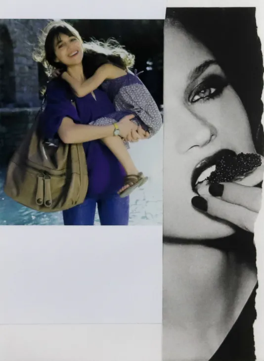 Photograph on the left of a woman carrying a child on her hip and on the right, half a woman's face as she bites into a piece of food.