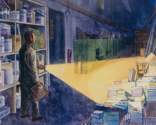 Painting of. man standing in a dark basement with a flashlight that lights up the right side of the frame and shows shelves of books.