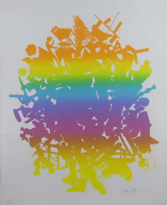 Blob of shapes that all connect with one another and have an ombre color that goes from orange to yellow to green to blue to purple to pink.