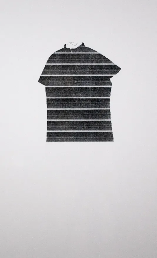 Black shape with white stripes resembling a shirt printed on white paper.