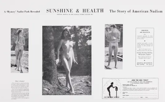 Black and white magazine spread with the title Sunshine &amp; Health and images of a nude male and female standing outdoors.