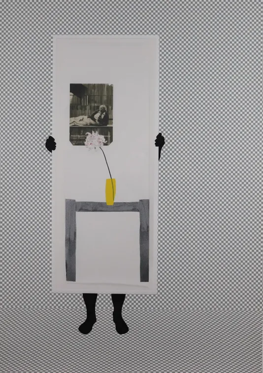 A dark figure holds a large white piece of cardboard with a collage on top including a small table, yellow vase and a flower.
