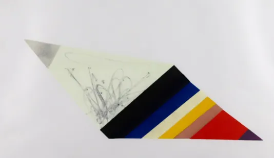 Woodcut parallelogram colors white, black ,blue, cream, yellow, beige, and red.