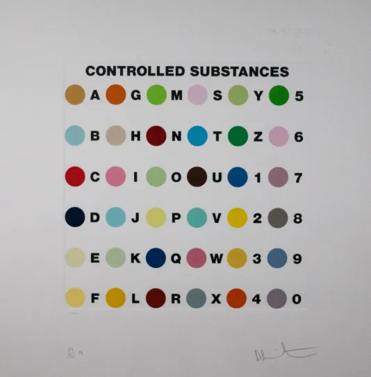 Title reads controlled substances with 6x6 rows of circles with different colors each having a letter to the right of them.
