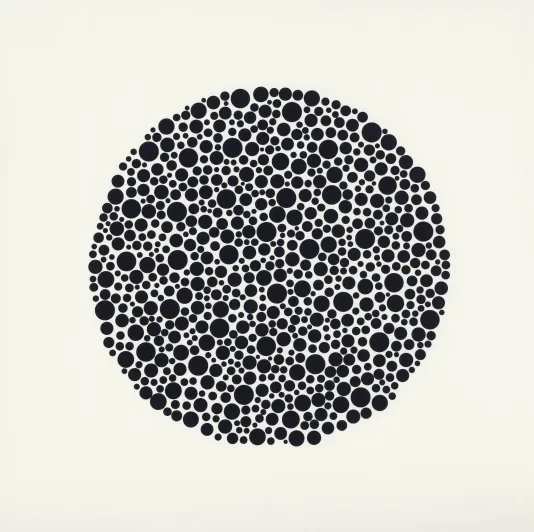 Perfect circle made up of black dots of varying sizes.