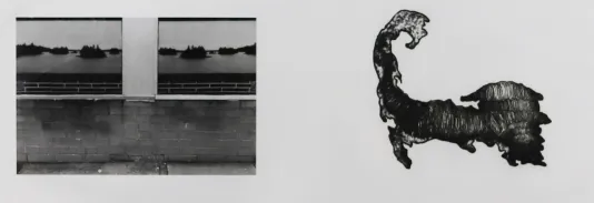 Print of Massachusetts on the right and photographs of the harbor behind a brick wall on the right.