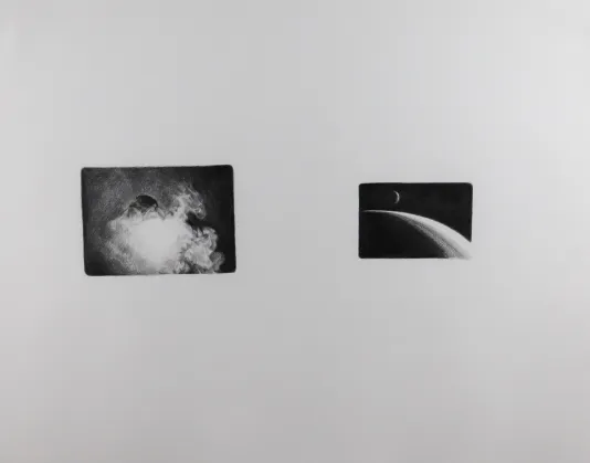 Two black and white photographs on a white background of an eclipse.