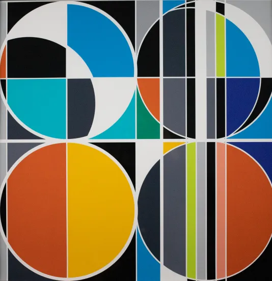 Four circles in square boxes broken up by lines and more circles with colors that include blue, grey, red, orange, pink, green, and black.