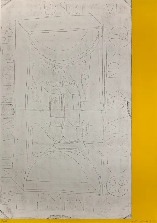 Yellow border on the right and bottom of a pencil sketch that includes a world globe, elements, the word subjective and a rectangular prism in the center.