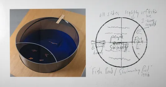 Photograph of a miniature swimming pool for little fish next to a diagram of the plans for the pool.