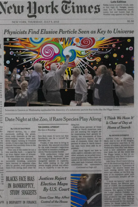Collage using the cover of a New York Times newspaper with the article image of people cheering and a black background with lots of wild colored shapes resembling a universe.