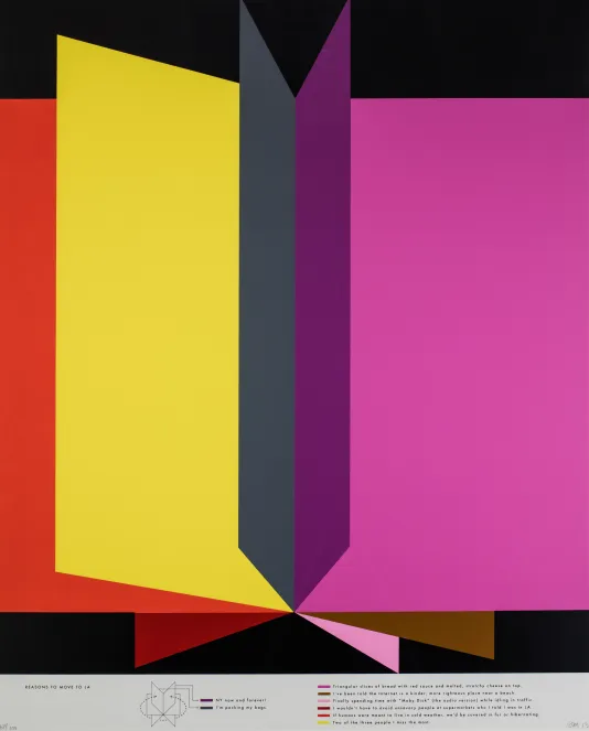 Pink, yellow, grey, and red colored rectangles arranged like a book splaying open.