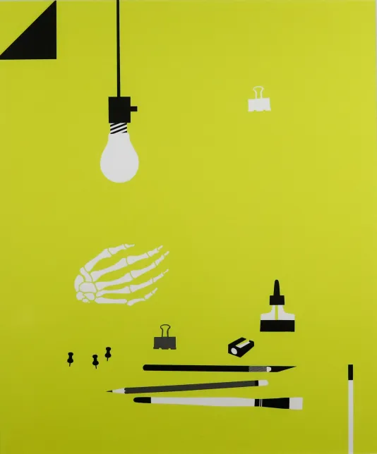 Light yellow background with a graphic featuring a lightbulb hanging from the top, a skeleton's hand below, and office supplies such as pens, pencils, erasers and push pins.