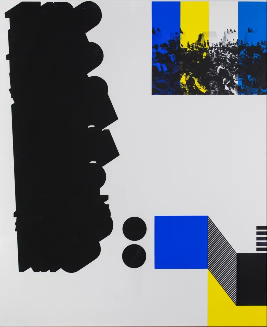 Blue, yellow, and. black geometric print featuring squares, rectangles, circles, and a large blotchy black shape taking the left third of the page.