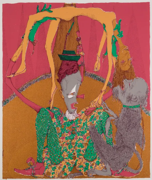 Colored screen print of a circus ring with pink curtains. A clown squares in the center holding a limp nude body and a money is on the right watching.