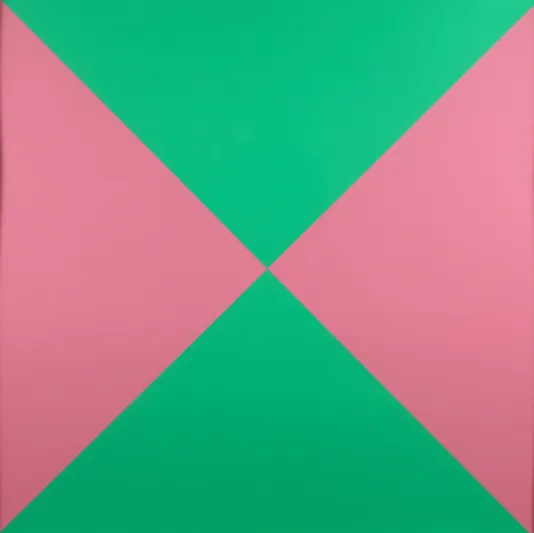Square broken into four triangles, two are lime green and two are pink.