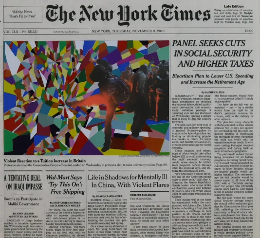 New York Times cover page featuring an image of a colorful collage on the left.