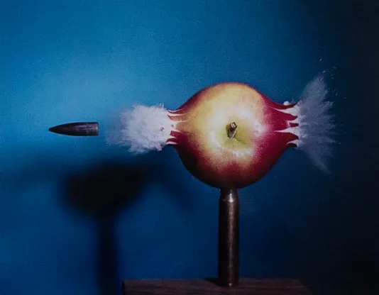 A bullet that flew straight through an apple and created a hold that goes straight into the apple.