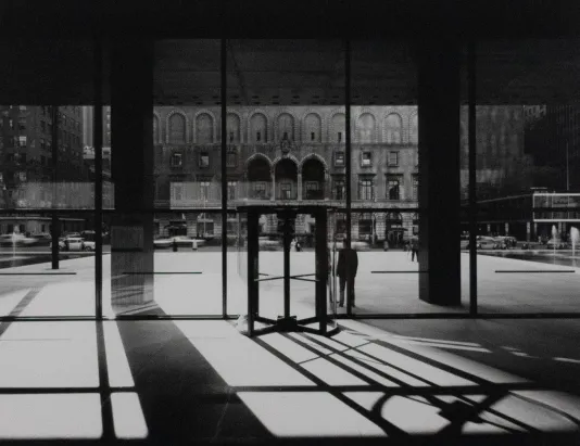 Black and white photograph from the inside of a building looking out large paneled windows with long shadows.