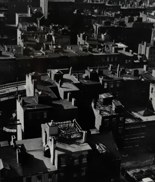Black and white photograph with of building roofs in Boston from above.