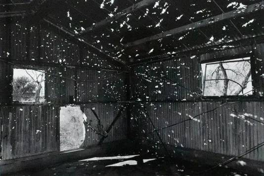 Black and white photograph of the inside of a barn with speckles of light covering the frame.