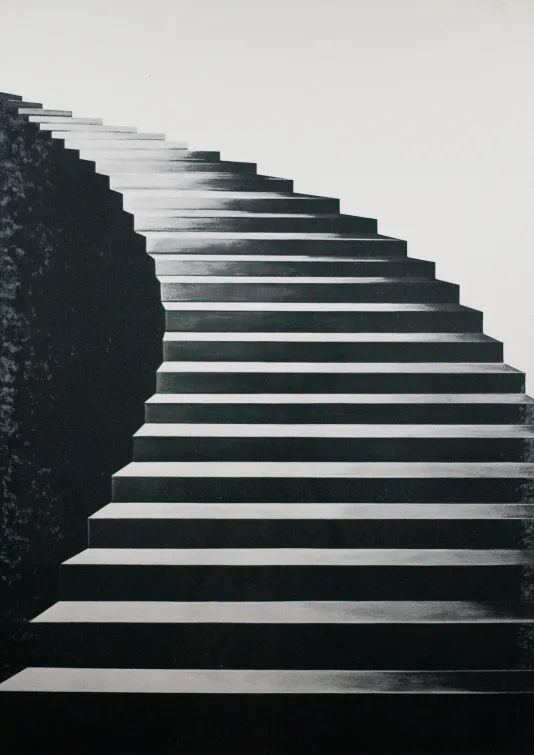 A set of winding stairs in black and white with heavy shading.