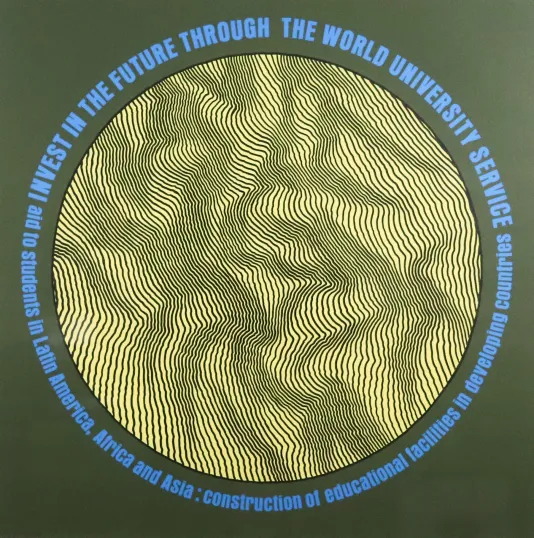 Green background with blue text going around a light yellow circle that has lines inside.