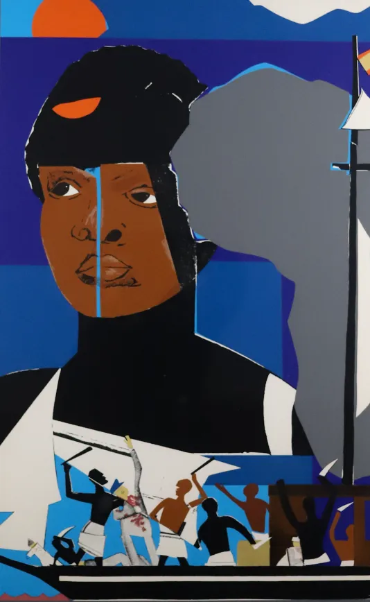 Portrait of a man wearing a black suit that goes over his head to his eyebrows. On the bottom, there is small figures pointing up at the man.