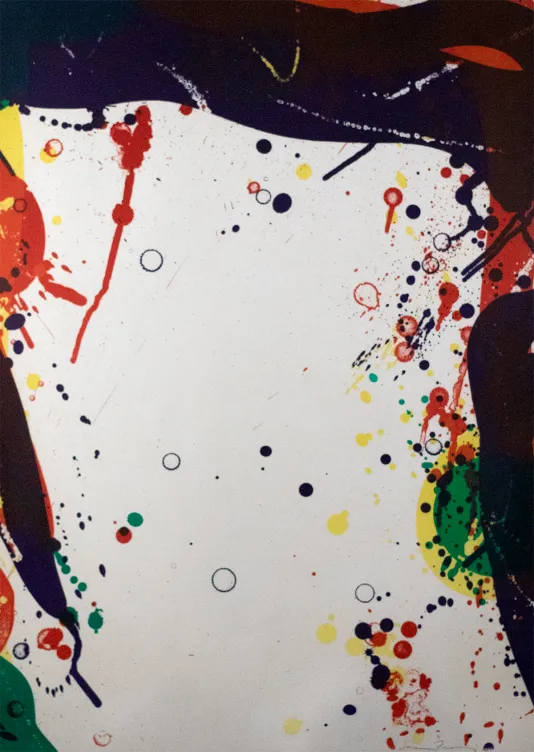 Splotch print with small circles, dabs of paint and thick stroke outlines along the top and sides.